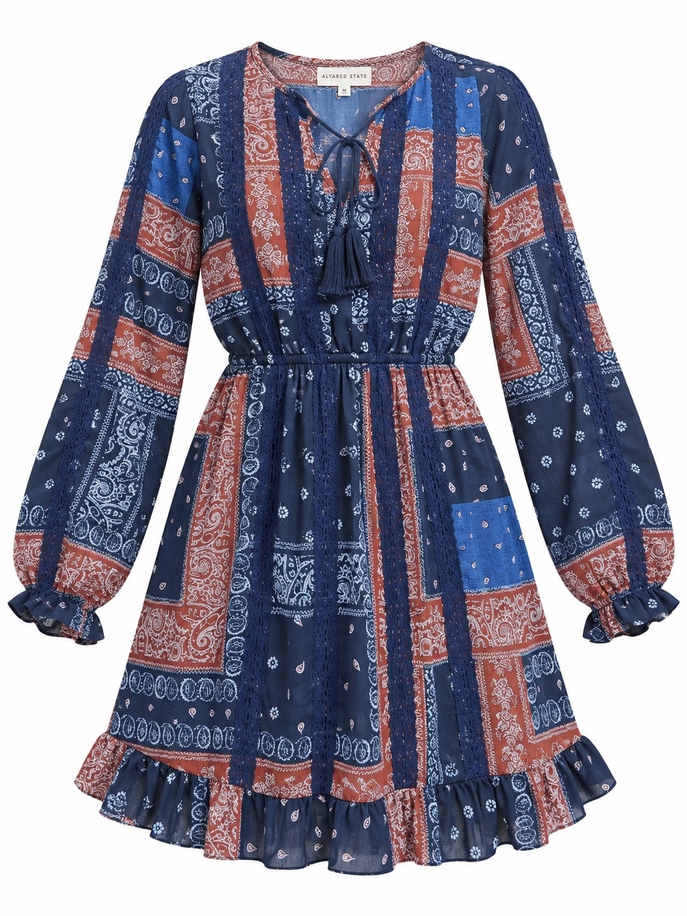 ALTAR'D STATE | Bandana Paisley Patchwork Print Crochet Boho Mini Dress | M